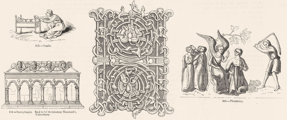 CRADLE. & Theobald sarcophagus; Threshing 1845 old antique print picture